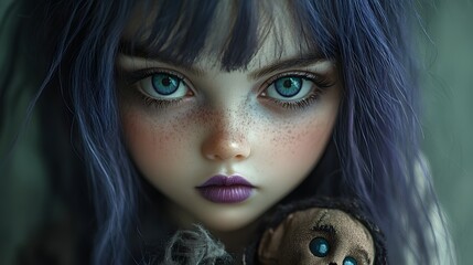 Poster - Popsurreal doll girl with large expressive purple and green eyes long voluminous purple hair holding a brown voodoo doll deep blue lips dark shadows in a muted greenbrown setting