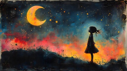 Poster - Playful blackandwhite sketch showcasing a small girl energetically conversing with the moon and stars accented by surreal colors and an exciting alcohol ink splatter effect for a vibrant feel