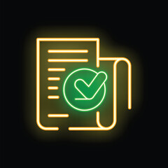 Poster - Glowing neon icon of a document with a check mark displayed on a dark background, representing approval
