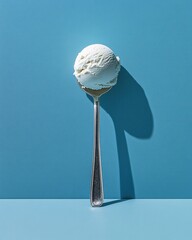 Poster - Vanilla ice cream scoop on a silver spoon against a blue background with a strong shadow