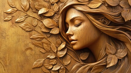 Wall Mural - Wood carving of woman with flowing hair, leaves background, for nature themes