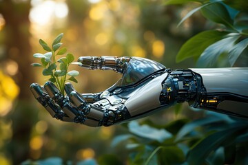 Poster - Robotic hand holding plant in natural light with blurred foliage in background