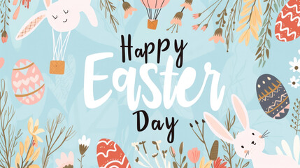 Wall Mural - Easter typography Celebration with Colorful Eggs, Cute Bunnies, and Festive Flowers on a Bright Sky Background for Joyful Springtime Activities