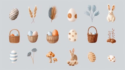 Wall Mural - Easter Elements Collection Featuring Colorful Eggs, Cute Bunnies, Floral Elements, and Woven Baskets on a Soft Gray Background for Spring Celebrations and Decorations