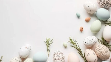 Wall Mural - Decorated Easter Eggs and blank space with Fresh Greenery on a Light Background for Spring Festivities and Celebrations