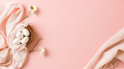 Wall Mural - Easter Eggs Surrounded by Soft Fabric and Delicate Flowers on a Pink Background for Spring and Easter Celebrations