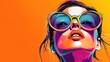 © KHF - A modern pop art portrait of a beautiful woman wearing golden sunglasses against a bright orange background.