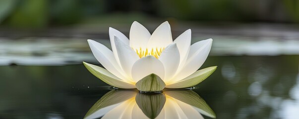 Sticker - Glowing lotus unfurls its petals at center of tranquil, mirrored lake, radiating serenity and beauty.