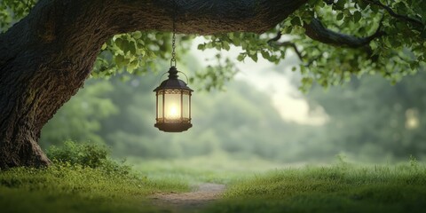 Sticker - A glowing lantern hanging from a crooked tree, marking the start of a path.