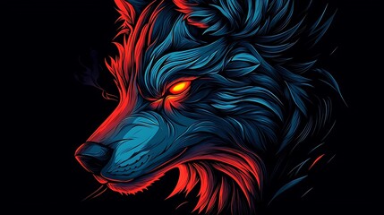  Vivid blue and red stylized wolf head with glowing eyes against a dark background