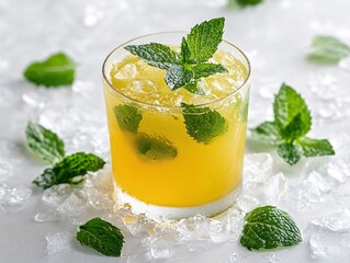 Poster - Refreshing yellow drink with mint and ice on a white surface for a cool summer vibe