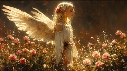 Poster - Realistic vintagestyle rendering of a young girl with halflong blond curls in a white robe and wings kneeling peacefully with pink roses around her set against a warm brown background