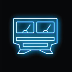 Poster - Blue neon icon of a train glowing brightly against a black background