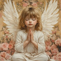 Poster - Realistic watercolor vintagestyle image of a 5yearold girl in a white robe and wings kneeling with eyes closed and hands folded surrounded by delicate pink roses and a soft brown background