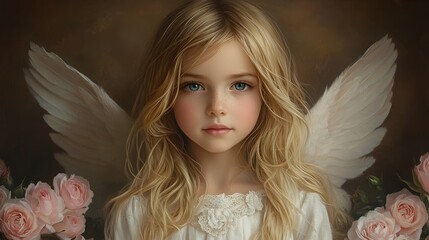 Poster - Realistic vintagestyle rendering of a young girl with halflong blond curls in a white robe and wings kneeling peacefully with pink roses around her set against a warm brown background