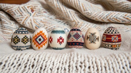 Wall Mural - Decorative Hand-Painted Easter Eggs Arranged on a Textured Fabric Background Showcasing Intricate Patterns and Cultural Artistry Celebrating Spring and Festivity