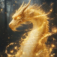 Poster - Regal golden dragon diagonally positioned its scales glimmering with bright and dark gold hues Glowing light particles surround it and an enchanted forest looms faintly in the dark background