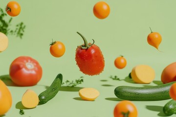 Wall Mural - Floating vegetables, green background, studio shot, food advertising