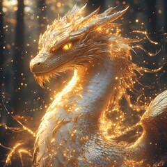 Poster - Regal golden dragon diagonally positioned its scales glimmering with bright and dark gold hues Glowing light particles surround it and an enchanted forest looms faintly in the dark background