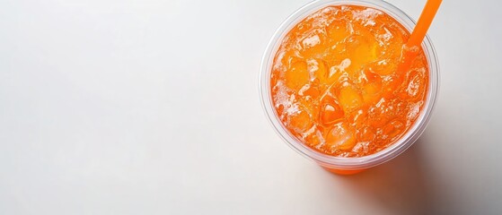 Poster - Refreshing orange drink with ice in a clear plastic cup with an orange straw on white surface