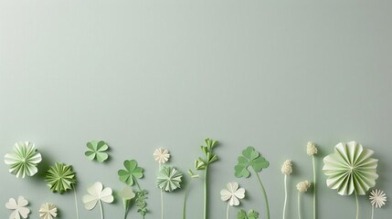 Paper flowers and leaves arranged beautifully on a soft pastel green background, showcasing intricate designs and a variety of shades of green in a serene and calming display