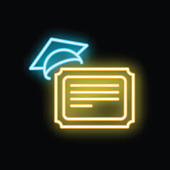 Poster - Neon sign representing a graduation certificate with graduation hat, symbolizing the achievement of a diploma