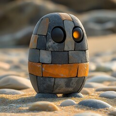Poster - Sculpted pebble bodybuilder striped with orange black and gray stones stands on a beach with a playful pose dark pebble eyes glowing with intensity stone whiskers artistic against a golden sandy beach