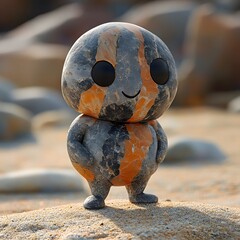 Poster - Sculpted pebble bodybuilder striped with orange black and gray stones stands on a beach with a playful pose dark pebble eyes glowing with intensity stone whiskers artistic against a golden sandy beach