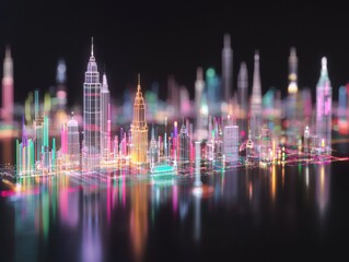 Poster - Investment growth visualization featuring iconic structures urban cityscape digital art nighttime environment futuristic concept