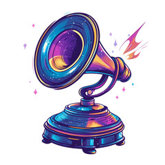Poster - A stylized illustration of a gramophone with cosmic and nebula designs in vibrant colors.