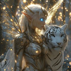 Poster - Serene female elf with glowing blue eyes ornate armor and delicate butterflylike wings She stands beside a white tiger bathed in soft moonlight in a misty ethereal forest filled with glowing particles