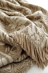 Poster - Soft textured blanket with fringe and floral pattern in neutral tones for cozy home decor