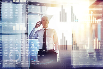 Poster - Business man, phone call and hologram for code, charts and contact for financial advice at company. Mature person, smartphone and investor with overlay, ux and digital transformation for economy