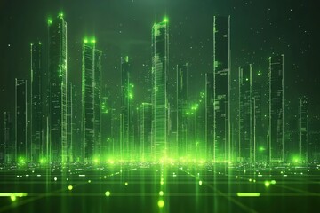 Poster - Glowing green cityscape at night with bright lights illuminating the tall buildings and sky