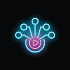 Poster - Glowing neon icon of a video distribution network system spreading content to connected devices