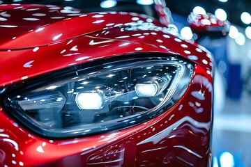 Wall Mural - Closeup of the headlight of a modern red car