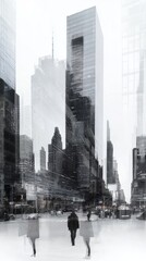 Poster - Modern cityscape with data trends urban environment double exposure contemporary viewpoint