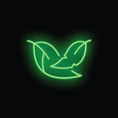 Poster - Green neon sign representing two leaves growing, on a black background
