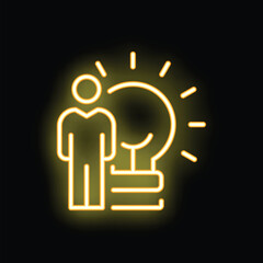 Poster - Neon sign of a businessman standing next to a light bulb having an idea, on a black background