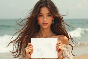 Beautiful girl with wavy long hair, bohemian dress, holding a white board with a blank space, without text and showing it to the viewer 2