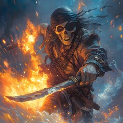 Poster - Skull pirate with an eyepatch and black turban brandishing a fiery machete flames licking his shabby coat pistol and dagger visible waves crashing in the night a ships shadow in the distance