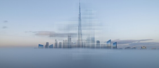 Poster - Dubai skyline with transparent cryptocurrency overlays urban landscape futuristic concept aerial view financial innovation