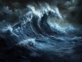 Poster - Dramatic ocean wave under dark stormy sky with turbulent water and white foam cresting