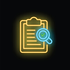 Poster - Neon magnifying glass with green check mark hovering over illuminated clipboard with checklist on dark background