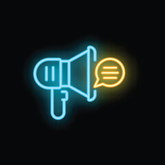 Poster - Neon megaphone making an announcement with speech bubble on dark background