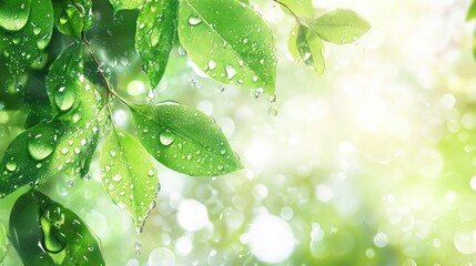 Poster - Dewy green leaves, bright sunlight, bokeh background; nature freshness