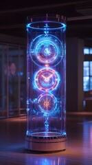 Poster - Sleek grandfather clock of chrome and glass stands in a modern room featuring a holographic face with glowing neonblue numbers Intricate rings of light rotate inside its transparent body