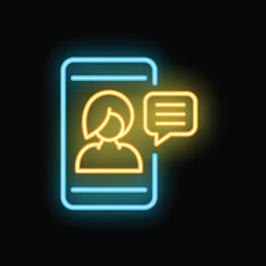 Poster - Neon glowing icon of a woman receiving a message notification on a smartphone, representing digital communication and online messaging