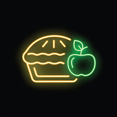Poster - Glowing neon sign of an apple pie with an apple on the side on a black background