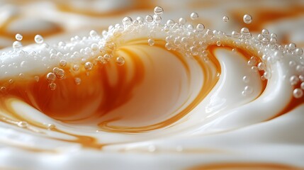 Poster - Spinning coffee cup releases a wave of coffee milk blending into the liquid in soft swirls forming an elegant brownwhite gradient Liquid beads hang in the air shining like fine pearls
